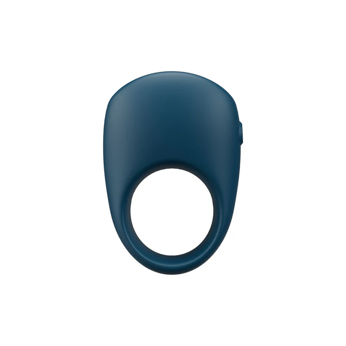 The We-Vibe Pivot 2 Vibrating Silicone Rechargeable Penis Ring in navy blue features a large, smooth oval top and circular bottom opening for hands-free clitoral stimulation, shown on a plain white background.
