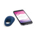 A We-Vibe Pivot Vibrating Silicone Rechargeable Penis Ring in blue sits beside a smartphone showing the "We-Connect" app welcome screen with purple and pink hues on a white background, highlighting this versatile couples' device.