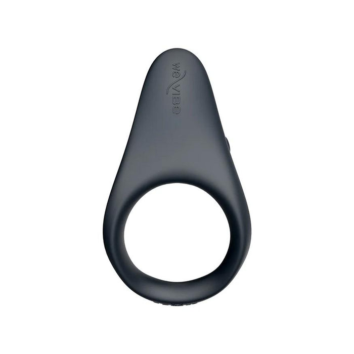 Dark grey, smooth silicone We-Vibe Verge 2 cock ring with a teardrop-shaped vibrating head and logo branding.