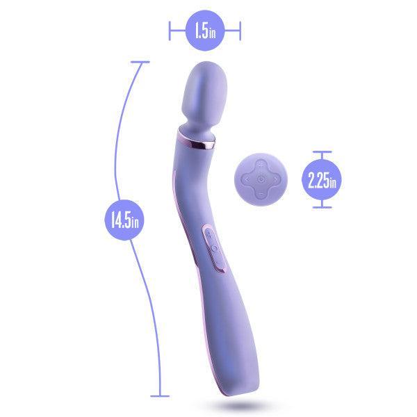 An image of the Blush Wellness Eternal Slim Ergonomic Powerful Remote Control Wand in Lavender, featuring a rounded head with a 1.5-inch diameter, an ergonomic handle that measures 14.5 inches in length, and a circular accessory measuring 2.25 inches. The waterproof handle has two buttons for convenient control options.