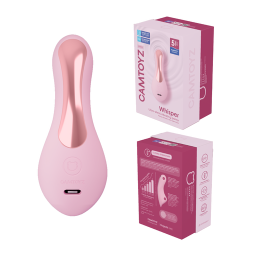 The Whisper Ultra Silent Petite Panty Vibrator with App Control is displayed with its pink and white packaging, featuring product images. This ergonomic device offers smooth, discreet pleasure and includes a charging port.