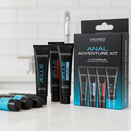 Four black tubes from the Wicked Anal Adventure Variety Pack—containing 4 travel-sized anal lubricants—stand by their box on a white countertop, with extra lubricant tubes in front and a white tiled wall as the backdrop.
