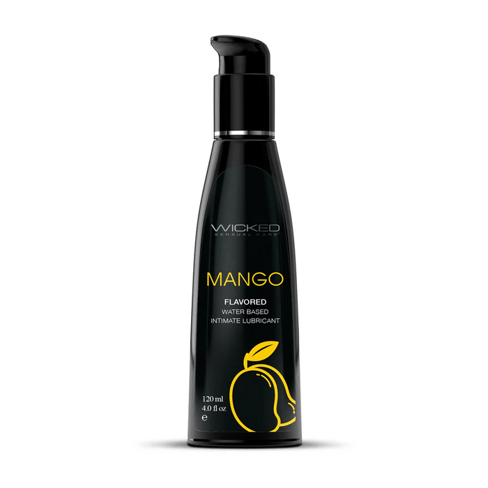The Wicked Aqua Mango Flavored Water Based Lubricant 4 oz comes in a black bottle with a pump cap, yellow text, and a stylized mango image on the label.