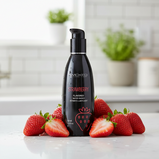 A 2 oz bottle of Wicked Aqua Strawberry Flavored Water Based Lubricant sits on a white surface, surrounded by fresh whole and sliced strawberries in a bright kitchen setting.