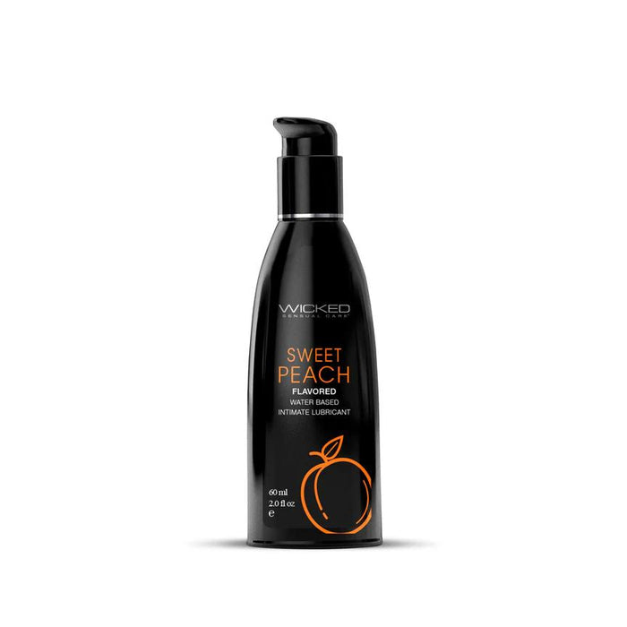 The "Wicked Aqua Sweet Peach Flavored Water Based Lubricant 2 oz" comes in a sleek black bottle with orange text and a peach illustration. This sugar-free, 60 ml lube is latex condom compatible for a smooth experience.