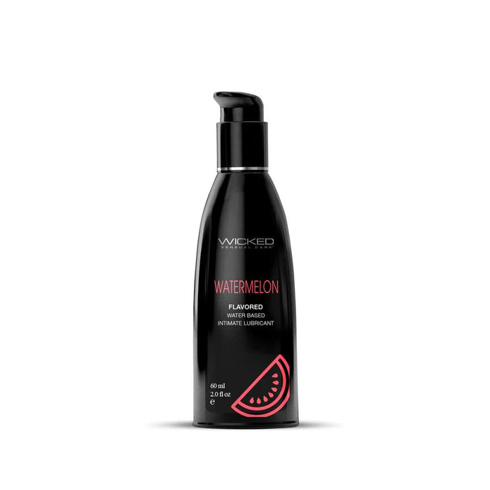 A sleek black bottle of Wicked Aqua Watermelon Flavored Water Based Lubricant 2 oz with a pump top features vibrant red text and a juicy watermelon graphic, offering vegan-friendly refreshment in 60 ml or 2 fl oz.