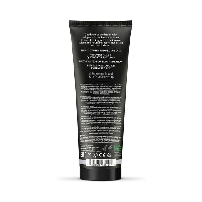 The Wicked Sensual Massage Cream - Stripped Bare Unscented comes in a black tube with white text, highlighting skin hydration with vitamins and electrolytes. Fragrance-free and suitable for solo or partnered use, it's ideal as a massage cream. The bottom features various symbols and a barcode.