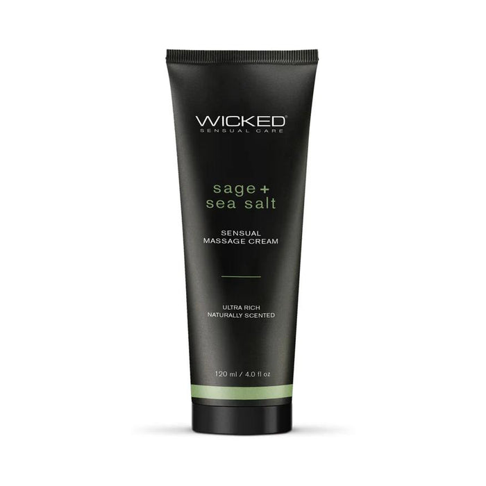 The Wicked Sensual Sage & Sea Salt Massage Cream comes in a 120 ml (4.0 fl oz) tube with a sleek black design and green text. This ultra-rich, paraben-free cream offers a natural sage and sea salt scent for the ultimate relaxation experience.
