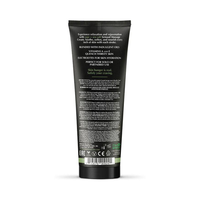 A black tube of Wicked Sensual Sage & Sea Salt Massage Cream is shown from the back, with white text highlighting its skin hydration benefits and ingredients. The sage and sea salt scent logo and a barcode adorn the bottom.