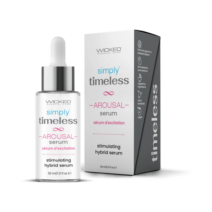 A 30ml bottle of Wicked Simply Timeless Arousal Serum with a dropper cap, designed for clitoral stimulation and enhanced sensation. The box includes detailed product information.