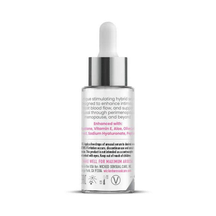 Wicked Simply Timeless Arousal Serum comes in a clear dropper bottle with a silver cap. Its vegan, cruelty-free formula includes squalane, vitamin E, aloe, and sodium hyaluronate—ideal for gentle clitoral stimulation.