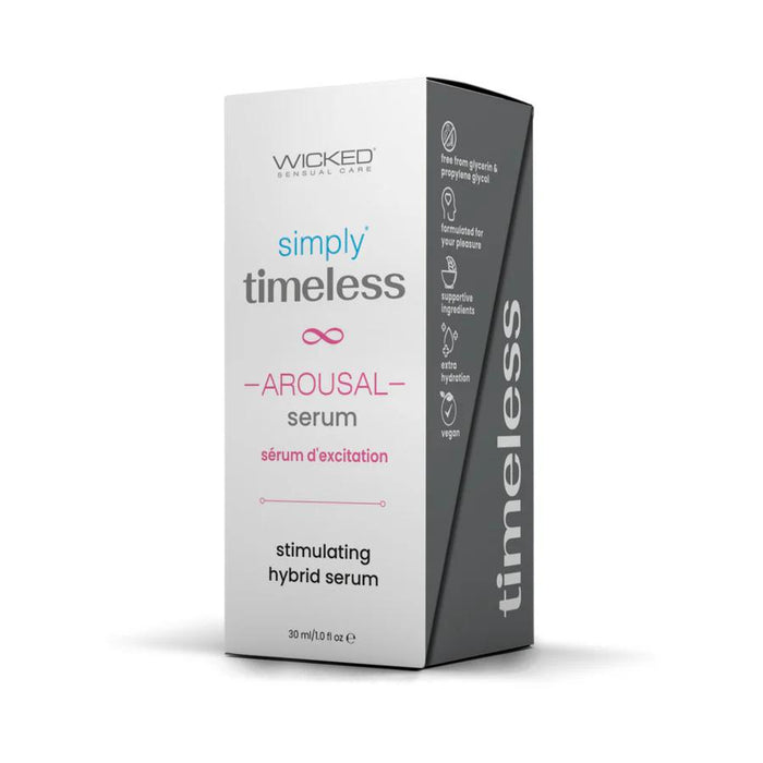 A 30ml box of Wicked Simply Timeless Arousal Serum, a stimulating hybrid clitoral serum that's vegan, cruelty-free, and free from glycerin and propylene glycol.