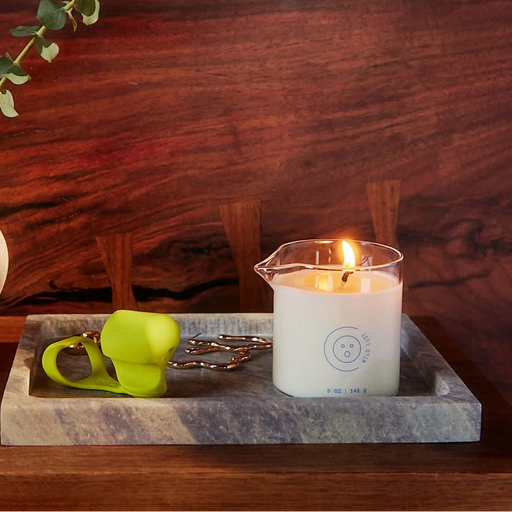 The Wild Lust Massage Oil Candle by Dame (Lime Leaf, Ambrette & White Peach), a green wick trimmer, and a metal wick dipper sit on a stone tray against wood, with green leaves in the top left corner.