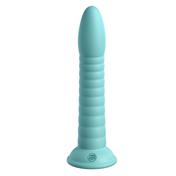 The Wild Thing Ribbed, Long, Tapered 7 Inch Teal Silicone Dildo with a rounded tip and flat suction cup base, compatible with most strap-on harnesses, stands upright against a white background.