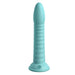 The Wild Thing Ribbed, Long, Tapered 7 Inch Teal Silicone Dildo with a rounded tip and flat suction cup base, compatible with most strap-on harnesses, stands upright against a white background.