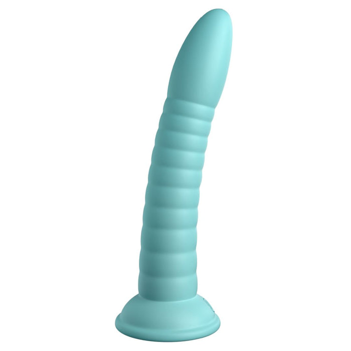 The Wild Thing Ribbed, Long, Tapered 7 Inch Teal Silicone Dildo, featuring a curved shape and sturdy suction cup base for solo or strap-on harness use, stands upright against a white background.