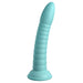 The Wild Thing Ribbed, Long, Tapered 7 Inch Teal Silicone Dildo, featuring a curved shape and sturdy suction cup base for solo or strap-on harness use, stands upright against a white background.