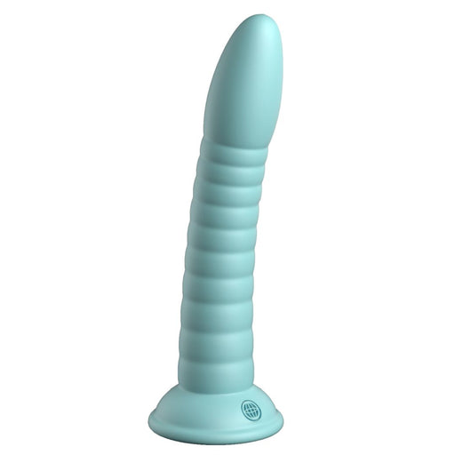 The Wild Thing Ribbed, Long, Tapered 7 Inch Teal Silicone Dildo features a curved, ribbed design with a suction cup base for harness compatibility, shown standing upright on a white background.