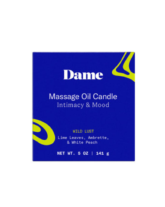 Dame Wild Lust Massage Candle blue product box with yellow writing 
