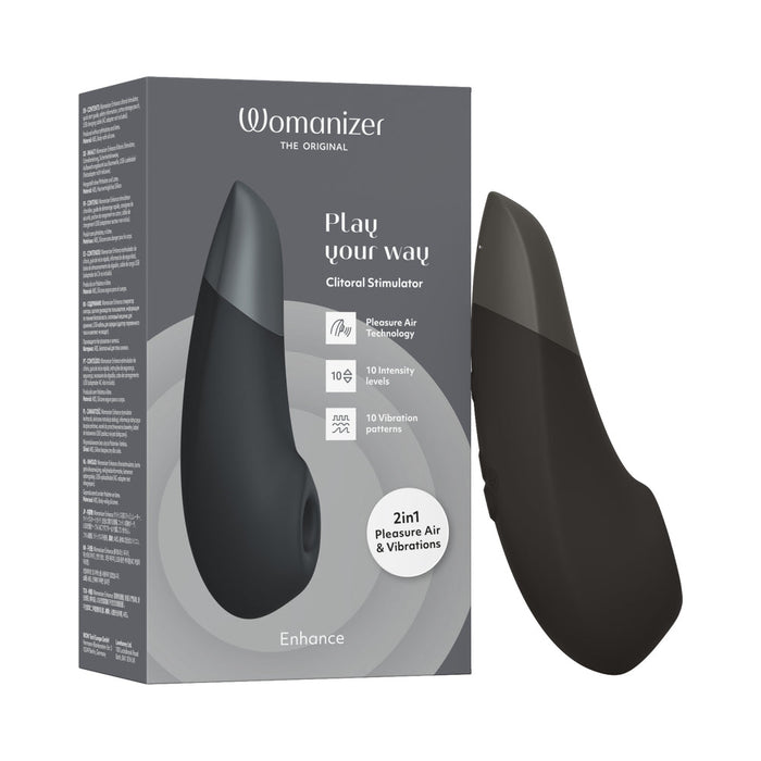 Box and product image of the Womanizer Enhance Pleasure Air + Vibration Clit Stimulator, a sleek black device shown with packaging, featuring 10 intensity levels, powerful rumbly vibrations, and innovative Pleasure Air Technology.