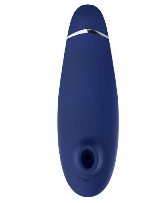A blue, oval-shaped handheld device with a circular opening and silver accent near the top—this air pulsation stimulator is the Womanizer Premium 2 Pleasure Air Clitoral Stimulator.
