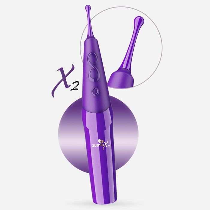 A purple Zumio X2 Rotating Clitoral Stimulator with a slim handle and SpiroTip is shown upright. The tip and Zumio logo are visible on a gradient purple background.