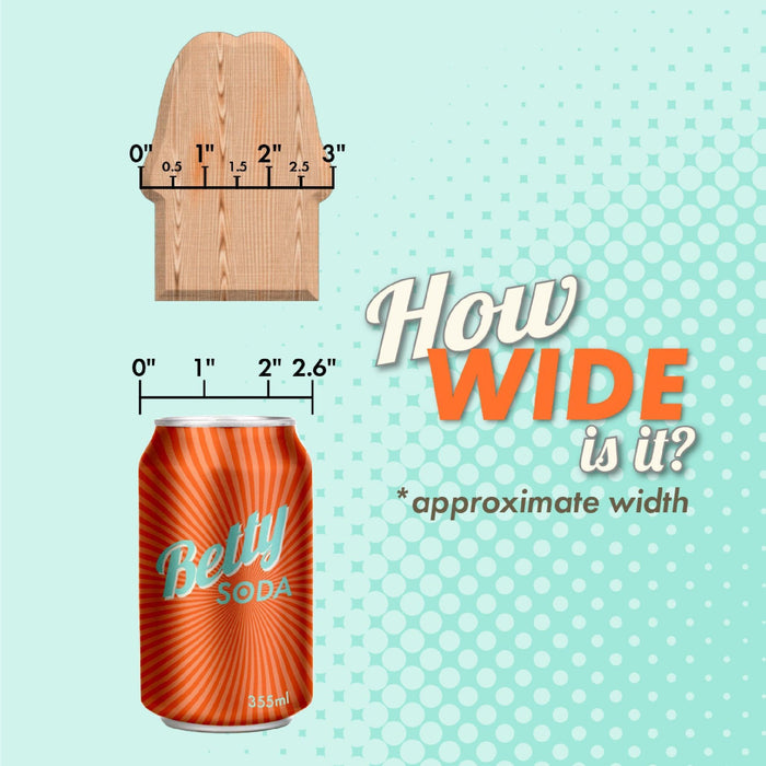 A wooden object and a soda can are shown with measurements above each. The wood is about 2.3 inches wide, the Betty Soda can is 2.6 inches wide, similar to the Xeno Egg Glow In The Dark Extra Large Thick Silicone Egg. Text: "How wide is it? *approximate width.