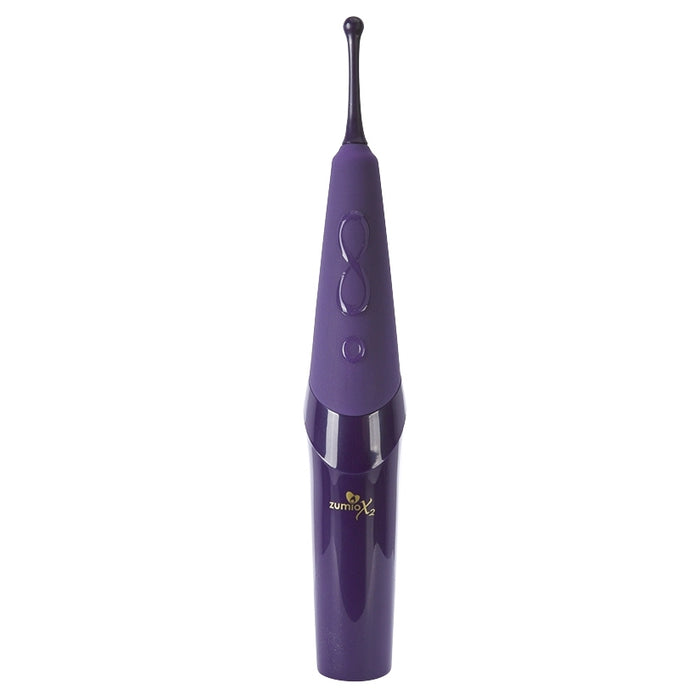 The purple Zumio X2 Rotating Clitoral Stimulator has a slim handle with dual buttons, a small SpiroTip at the top, and "Zumio" in light gold near the base—crafted for precise clitoral stimulation.