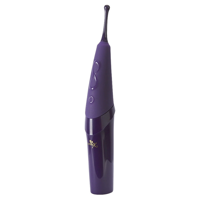 A dark purple Zumio X2 Rotating Clitoral Stimulator with a tapered handle and two front buttons, inspired by the sleek Zumio X Second Generation SpiroTip design, stands upright on a white background.