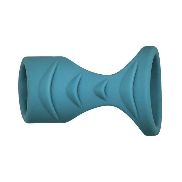 The Adam & Eve Ridged Cock Cage with Shaft Support is a blue, hourglass-shaped silicone cock ring featuring curved grooves, a flared wide end, and a narrower end with a circular opening for added support.
