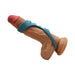 The Adam & Eve Ridged Cock Cage with Shaft Support, a blue stretchy silicone ring, is shown wrapped around a realistic dildo shaft on a white background.