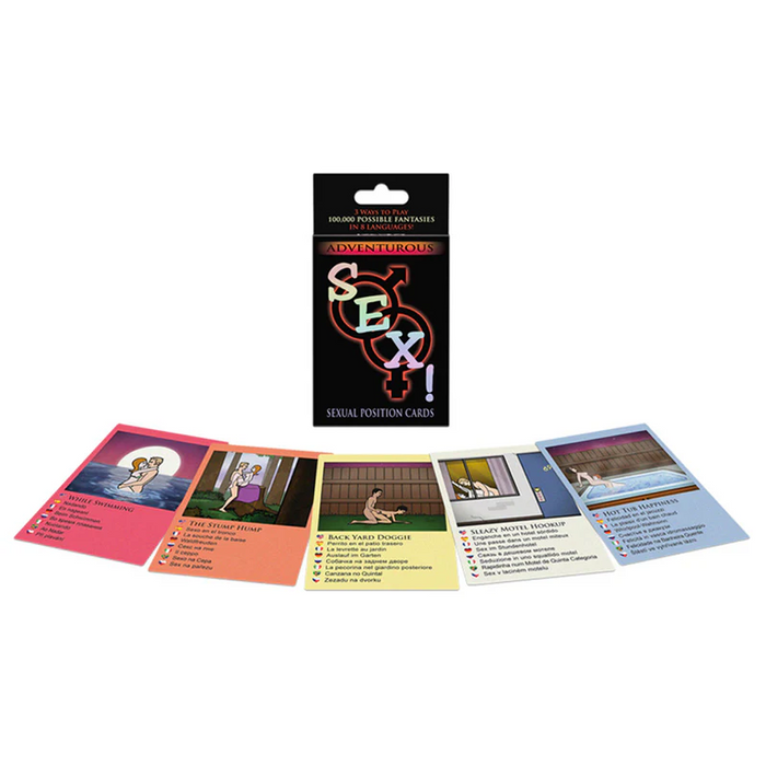 A box labeled "Adventurous Sex Card Game for Couples" stands upright behind five colorful cards, each showing playful illustrations and descriptions from this exciting adult game for couples.
