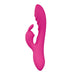 The Wild Lust Slim Beginner G-Spot Rabbit Vibrator is a pink silicone toy with a curved shaft for G-spot targeting and a smaller external stimulator for clitoral pleasure, designed for personal use, shown on a white background.