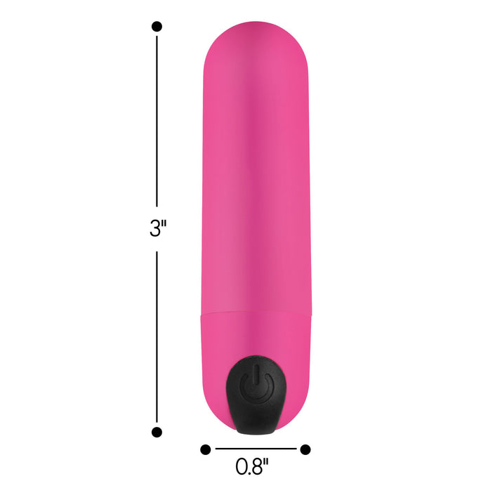 The BANG! Vibrating Bullet with Remote Control is a small pink cylindrical vibrator with a black power button at the base, measuring 3 inches high and 0.8 inches wide.