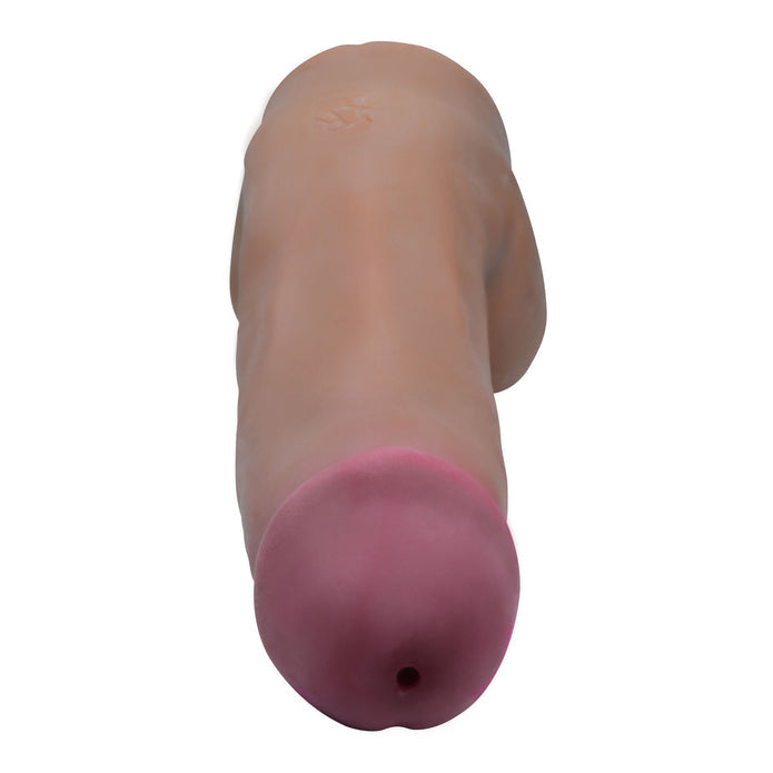 The Loadz Squirting 7 Inch Chocolate Tone Dildo - Squeeze and Squirt is a realistic, life-sized dual density dildo with a pink tip, shown from the front against a white background.