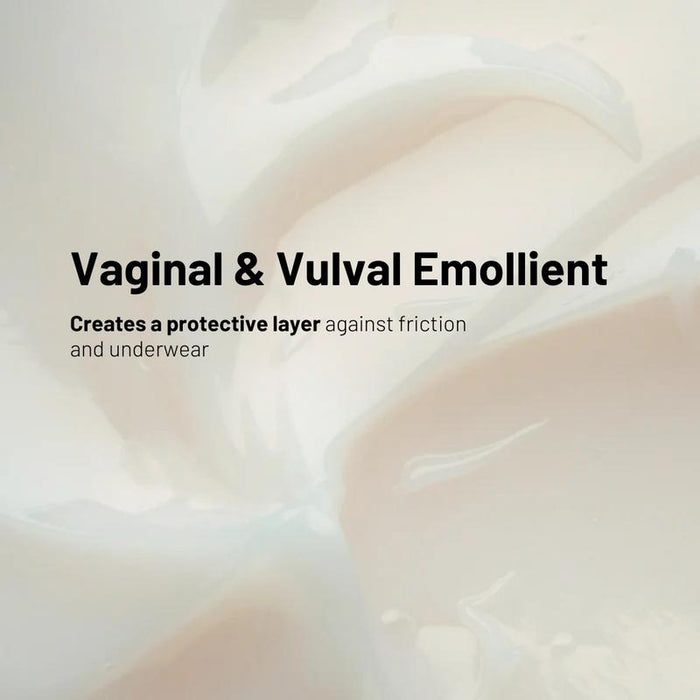 Close-up of a creamy, smooth substance with text overlay: "AH! YES OB Plant-Oil Based Personal Lubricant—natural plant-oil formula for vaginal & vulval care. Creates a protective layer against friction and underwear.