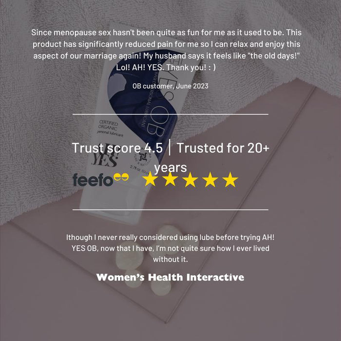 A tube of AH! YES OB Plant-Oil Based Personal Lubricant sits on a pink surface, with customer testimonials above, showing a 4.5-star rating, trusted for over 20 years, and the Women’s Health Interactive logo below.