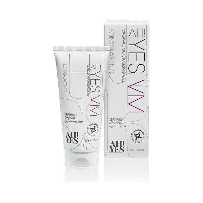 A tube and box of AH! YES VM pH Matched Vaginal Moisturizer for Everyday Use - Certified Organic, a hormone-free moisturizer for vaginal dryness, are displayed upright with clear branding and product details visible.