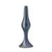 One of the three flexible butt plugs from the Blush Anal Adventures First Time Kit, featuring a smooth metallic grey finish and constructed from pure platinum cured silicone with a tapered design and a wide, flared base, is displayed standing upright against a white background.
