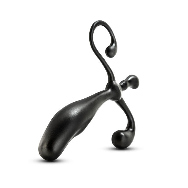 The Anal Adventures Prostate Stimulator - Black by Blush is a black, ergonomic prostate massager crafted from premium silicone with a curved design. It features multiple bulbous shapes for enhanced pleasure and two contoured arms – one smooth and thicker, and the other thinner with a looped end. Plus, it's waterproof for versatile use.