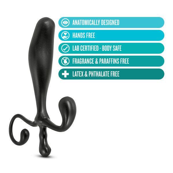 The Anal Adventures Prostate Stimulator - Black by Blush, made from premium silicone and featuring a black, anatomically designed shape with curved ends, is shown alongside a list of features: anatomically designed for optimal comfort, hands-free operation, lab-certified to be body safe, free of fragrances and paraffins, as well as being latex and phthalate free. Additionally, it is waterproof for versatile use.