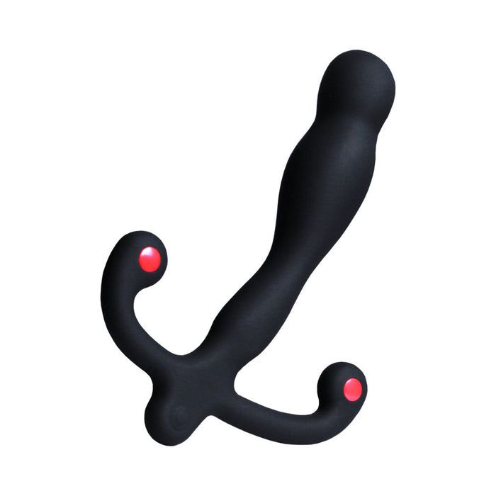 The Aneros Eupho Syn V is a black, curved silicone prostate massager featuring three red-accented arms, powerful vibration patterns, and a wireless remote control, as shown in a photo on a white background.