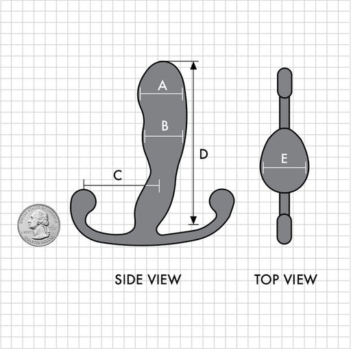 A diagram displays the Aneros Helix Syn Trident Hands-Free Prostate Stimulator in both side and top views against a grid background, offering detailed measurements for precision prostate massage. An American quarter coin is included for scale. Labeled dimensions include A (top bulb width), B (middle shaft width), C (arm length), D (total height), and E (bottom base width).