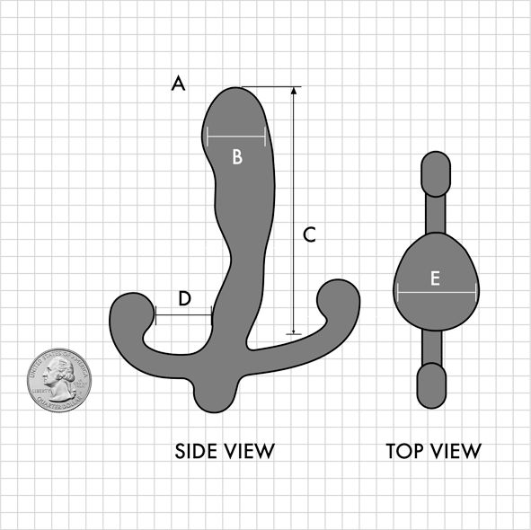 Diagram showing side and top views of the Aneros Helix SYN V Vibrating Hands-Free Prostate Stimulator next to a coin for scale. The side view highlights measurements labeled A, B, C, and D, while the top view shows measurement E. The vibrating anal toy features curved and bulbous shapes in both views.