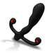 The Aneros Helix SYN V Vibrating Hands-Free Prostate Stimulator, in black, features a curved, anatomically shaped body with two handle grips, each accented by a red dot. This prostate stimulator is designed for ergonomic use, providing comfort and targeted stimulation as a waterproof anal toy.