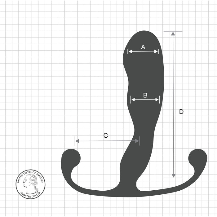 An illustration of the Aneros Helix Trident Hands-Free Prostate Stimulator from the Trident Series, with measurements labeled as A, B, C, and D. The device features a curved, bulbous tip designed for effective prostate massage and a handle at the base shaped like the letter "T". The background showcases a grid pattern with a quarter for scale.