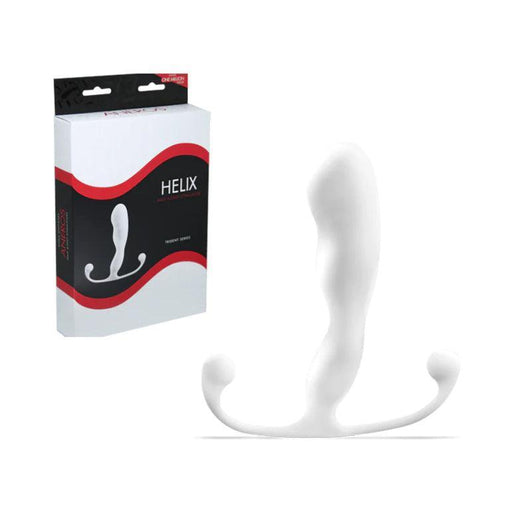 A white prostate massager with a curvy design is shown next to its packaging. The box, part of the Aneros Trident Series, features the words "Aneros Helix Trident Hands-Free Prostate Stimulator" in white text against a black background with red accents, along with an image of the massager.