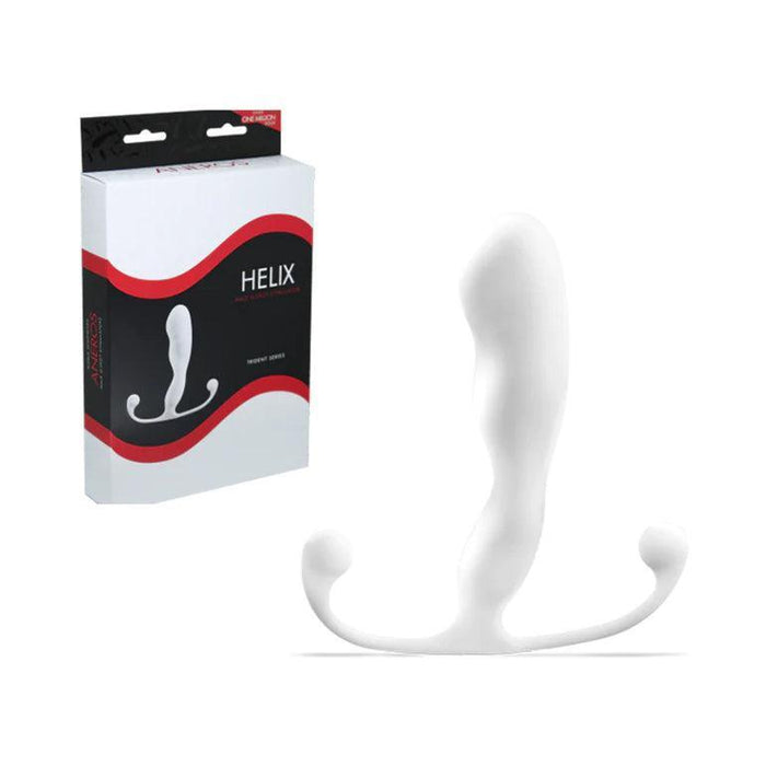 A white prostate massager with a curvy design is shown next to its packaging. The box, part of the Aneros Trident Series, features the words "Aneros Helix Trident Hands-Free Prostate Stimulator" in white text against a black background with red accents, along with an image of the massager.