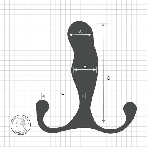 A silhouette of the Aneros Maximus Trident Hands-Free Prostate Stimulator on a grid background. The object's dimensions are indicated by labeled arrows: A for the width of the top part and B for the width of the middle part. Designed by Aneros for optimal prostate stimulation, it features Multi-Axial Motion Architecture, with a U.S. quarter in the lower-left corner for scale.