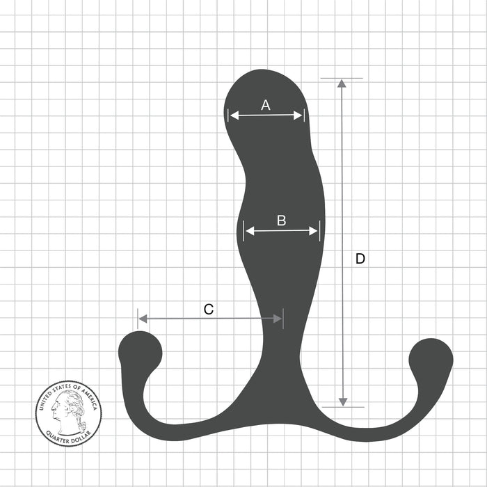 A silhouette of the Aneros Maximus Trident Hands-Free Prostate Stimulator on a grid background. The object's dimensions are indicated by labeled arrows: A for the width of the top part and B for the width of the middle part. Designed by Aneros for optimal prostate stimulation, it features Multi-Axial Motion Architecture, with a U.S. quarter in the lower-left corner for scale.